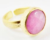 Candy Pink Round Jade Stone Adjustable Cocktail Statement Ring - 22k Matte Gold Plated - 1PC