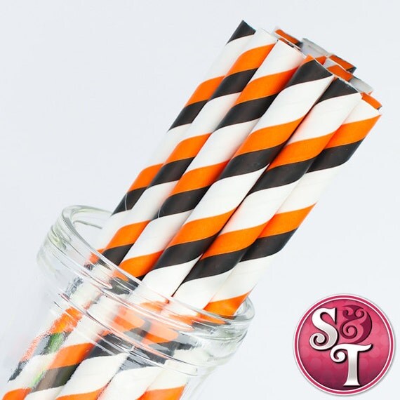 Stripe Black/Orange Party Paper Straws - Cake Pop Sticks - Pixie Sticks - Qty 25 Il_570xn