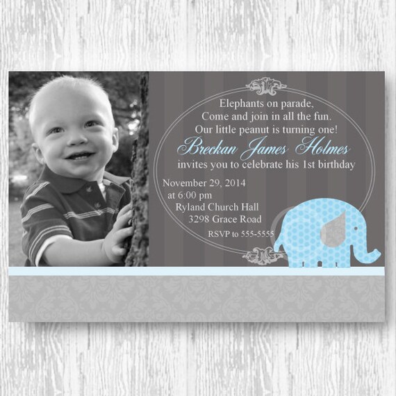 Blue Elephant Invitation for Birthday Party or Baby Shower - Boys DIY Printable Grey Photo Invite by BeeAndDaisy Il_570xn