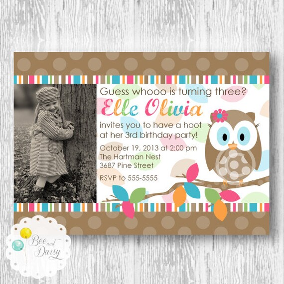 Hoot Owl Photo Invitation for Birthday Party or Baby Shower - Girls DIY Printable Invite by BeeAndDaisy Il_570xn