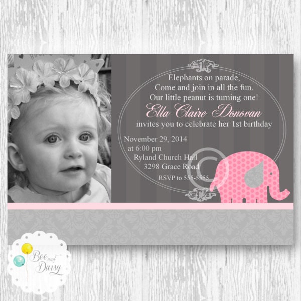Pink Elephant Invitation for Birthday Party or Baby Shower - DIY Girls Printable Photo Invite by BeeAndDaisy Il_570xn