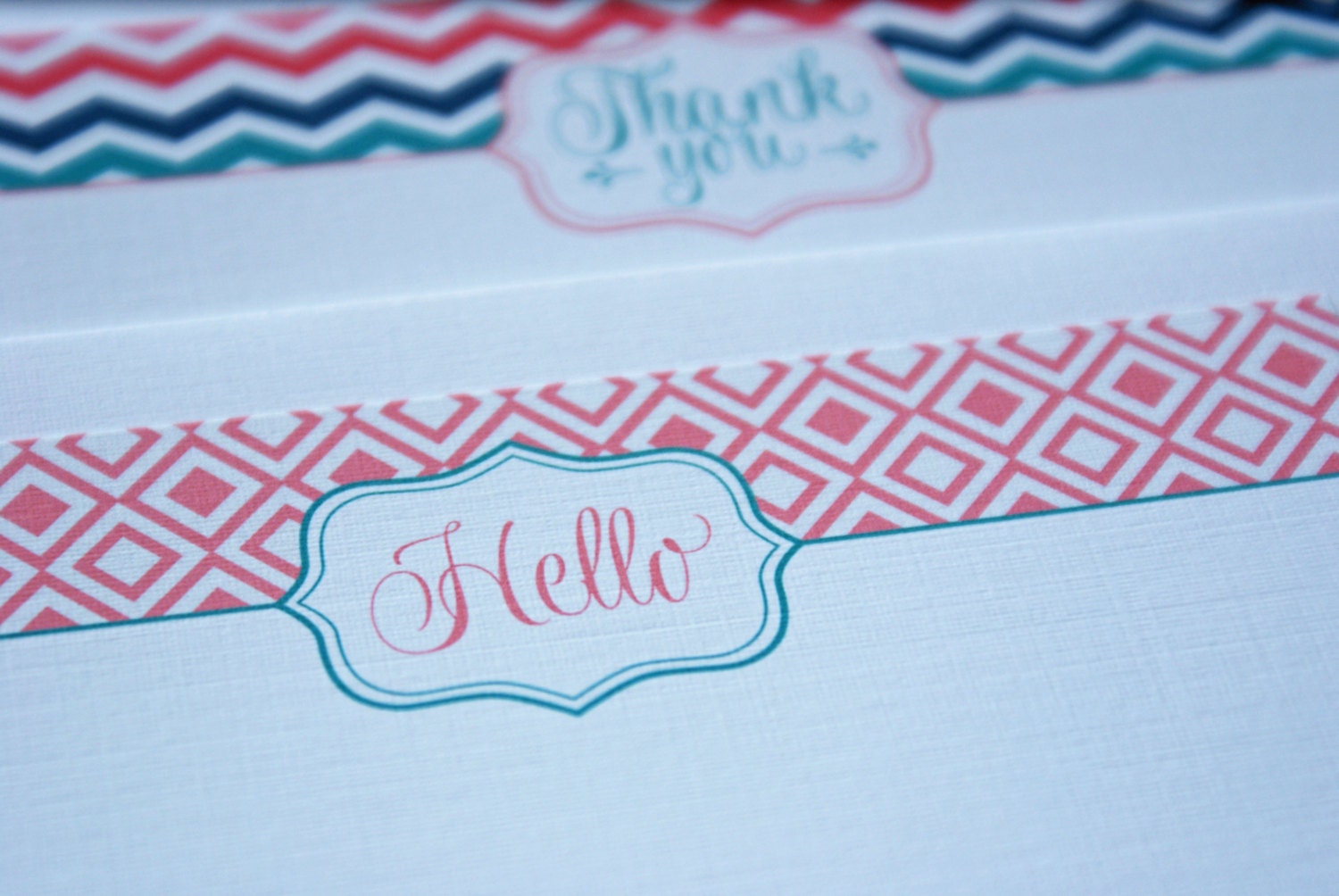 Teal, navy blue and salmon chevron and retro pattern - Set of 8 flat notecards Il_570xn