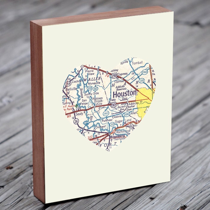 Houston Texas City Heart Map - Wood Block Art Print