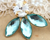 Aqua white stud Rhinestone earrings -14kk plated gold post earrings real swarovski rhinestones.