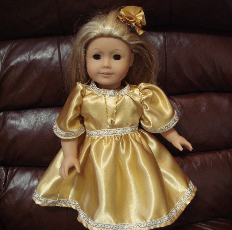 Golden Satin Dress with Hairclip and Necklace
