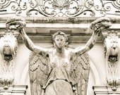 Paris Photo - Angel of Paris - Fine art travel photography - French Nouveau sculpture - windows - dove grey - black white photo - Home Decor