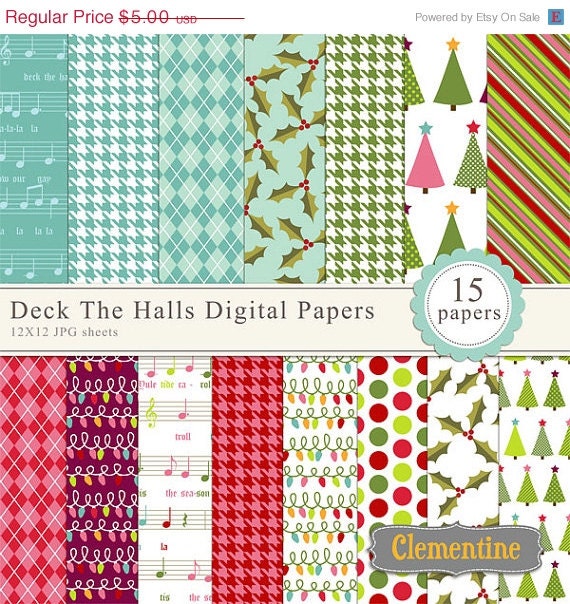 40% OFF SALE Deck the Halls Christmas digital paper, christmas digital scrapbooking paper 12x12, royalty free paper- Instant Download Il_570xn