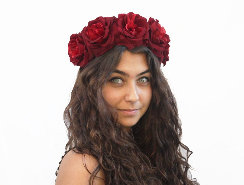 Burgundy Red Rose Crown - Holiday Flower Crown, Christmas Hair Accessory, Gift Idea, Rose Floral Crown, Frida Kahlo, Oxblood, Holiday Hair
