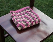mini blanket in pink and beige. mini granny square photography prop blanket