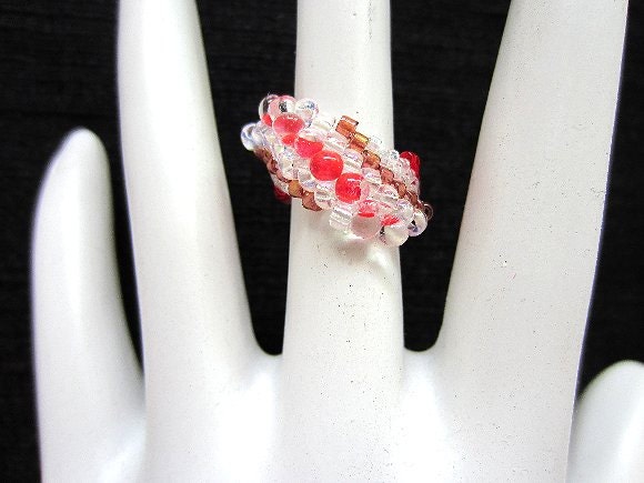 Beaded Ring Red and Clear Dimensional Wave Pattern Size 6