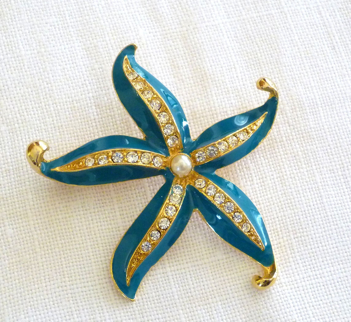 Vintage Starfish Brooch Blue Enamel With Rhinestones