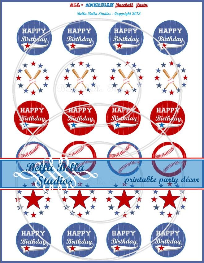 All American BASEBALL Party CUPCAKE TOPPERS - Instant Download Party Circles and Party Squares Red White and Blue by Bella Bella Studios Il_570xn