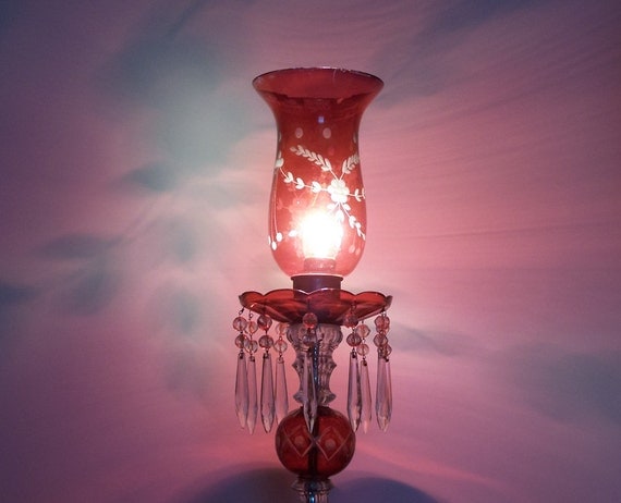 Vintage Ruby Red Etched Glass Hurricane Lamp with Crystal Prisms