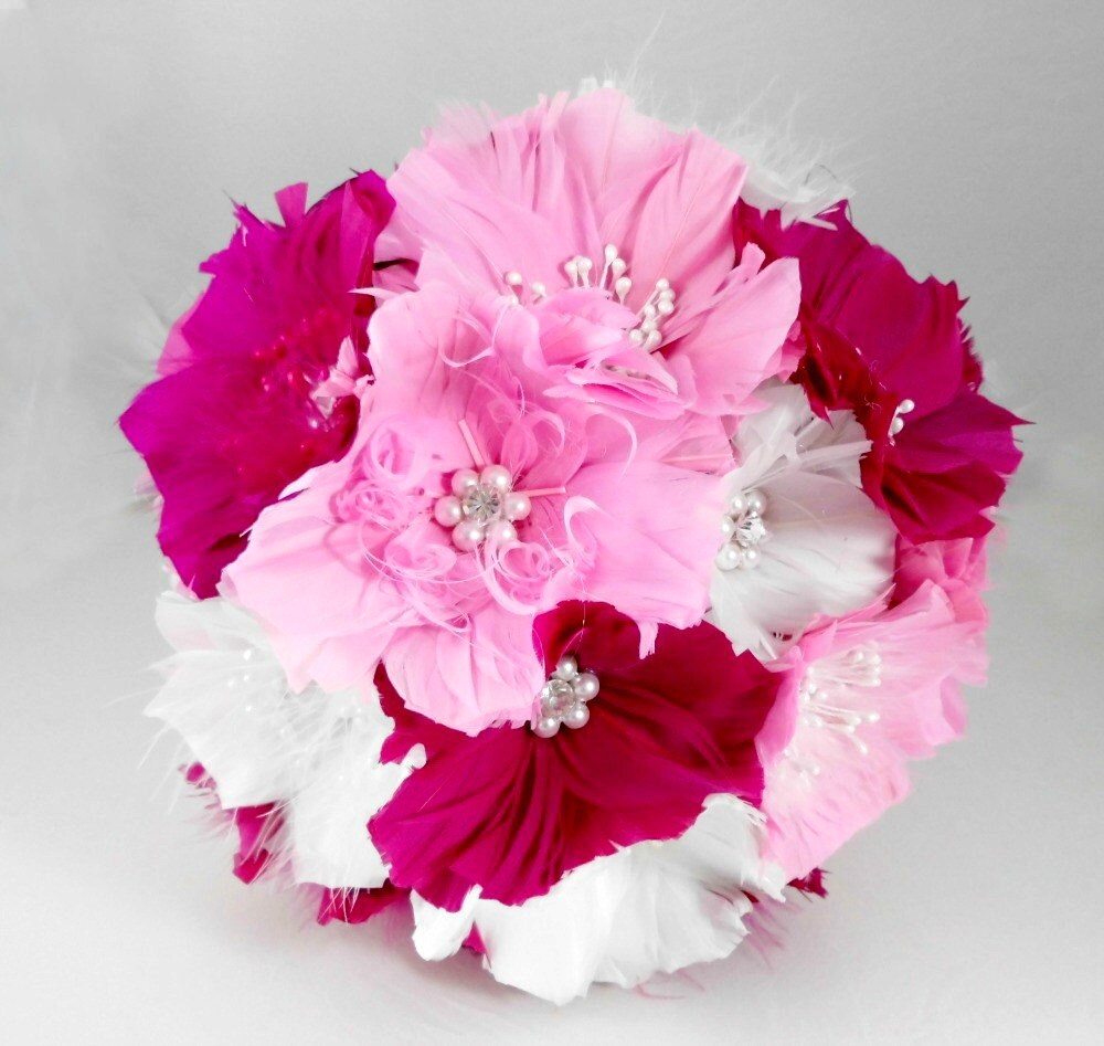 Couture Bouquet, Wedding Bridal Bouquets,Pink Feather Bouquet, Brooch Bouquet, White, Fuschia, Cotton Candy Pink