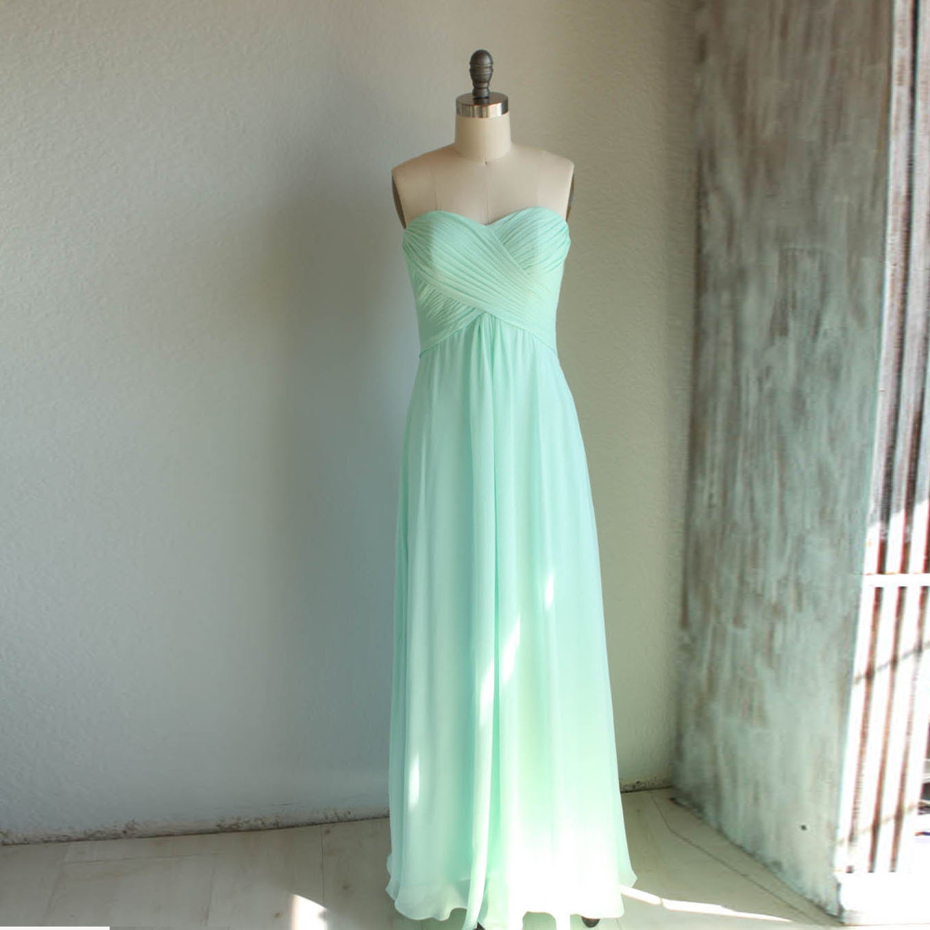 MINT Wedding dress , chiffon party dress, mint blue bridesmaid dress, strapless formal dress  (B066)