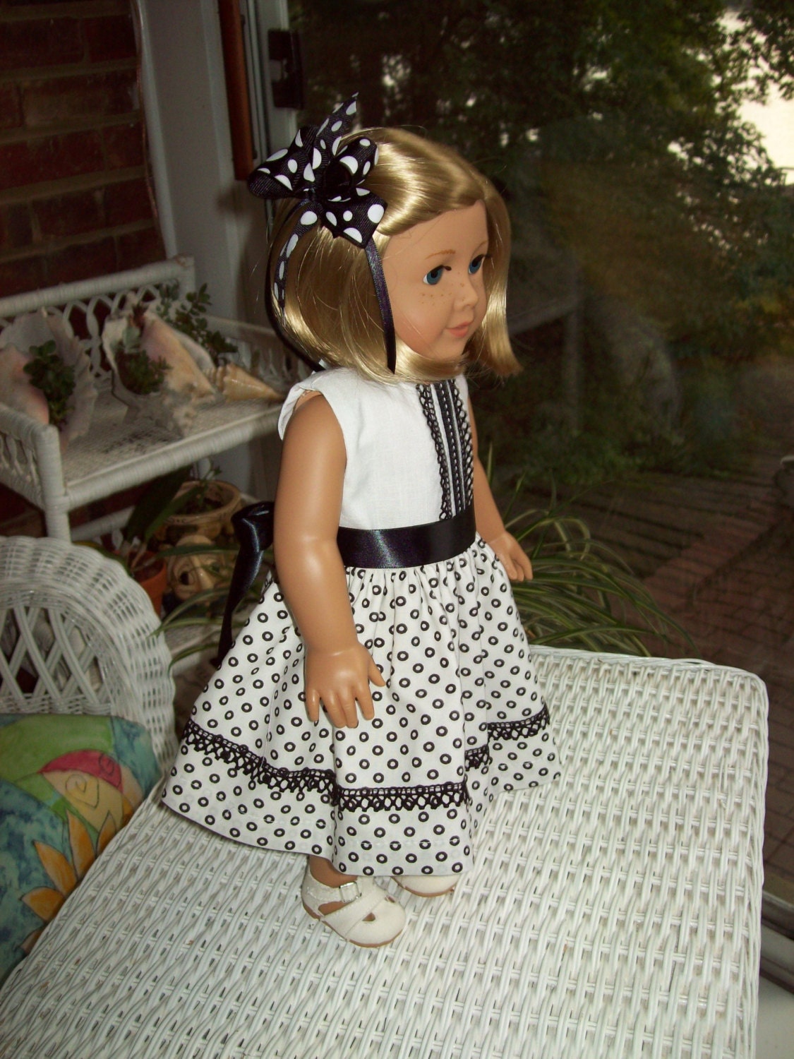 American Girl doll or 18 inch doll dress and hair clip. White dress with black embroidered lace.