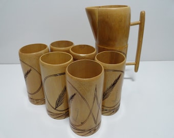 and   vintage measuring Jamaica, aluminum in Made colored  Bamboo, Cups itcher Set P cups