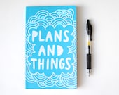 Hand Painted Moleskine, Aqua Blue Journal, Plans and Things, Hand Lettering, Lined Pages, Doodle Illustration, Ready to Ship - EmDashPaperCo