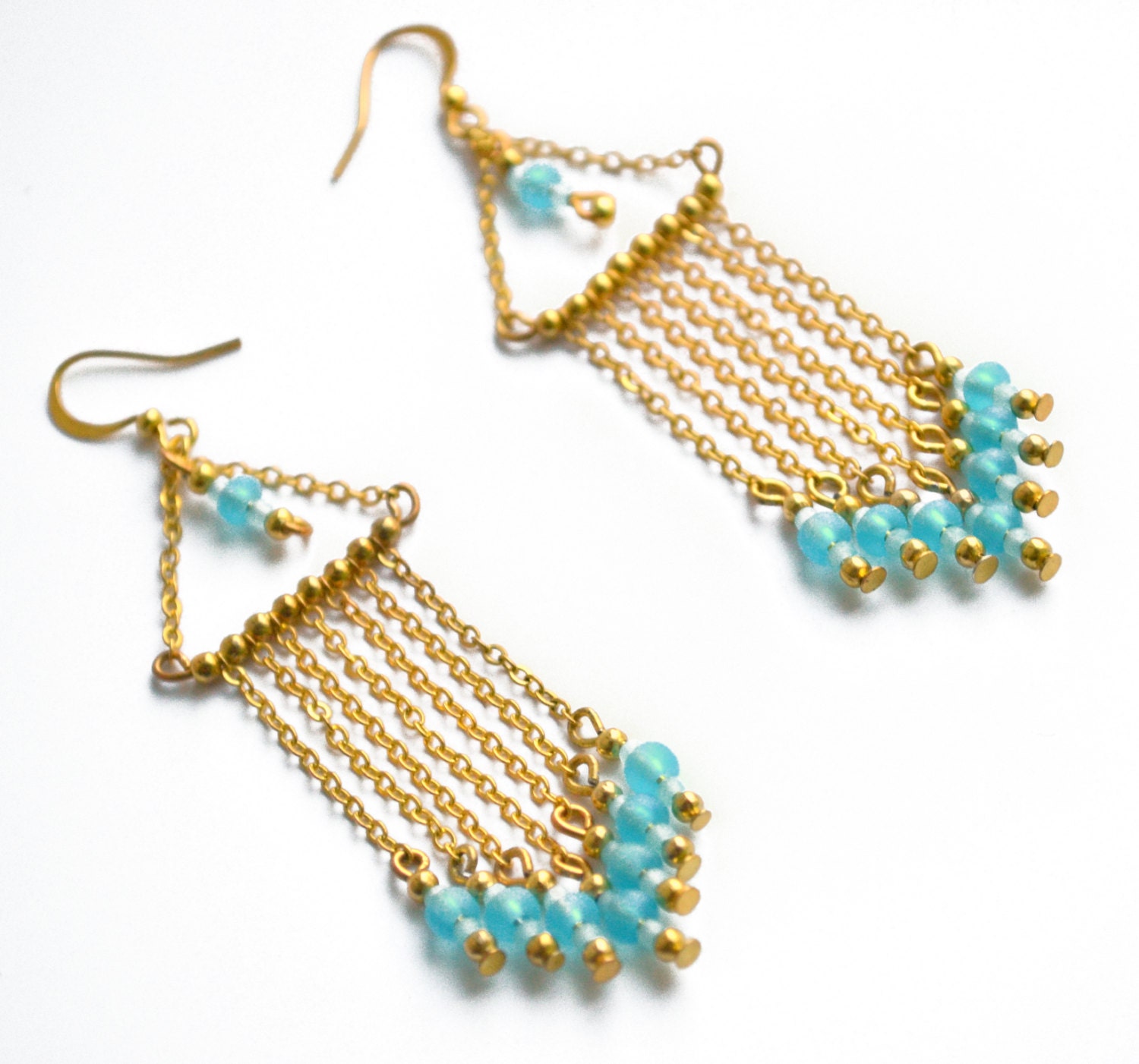 Items similar to Chain dangle earrings, gold plated, blue beads on Etsy