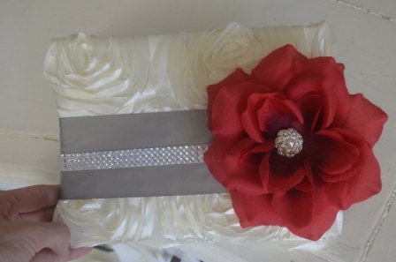 Red and Grey Guest book with rhinestones, ivory rosette satin and red rose with crystal brooch center