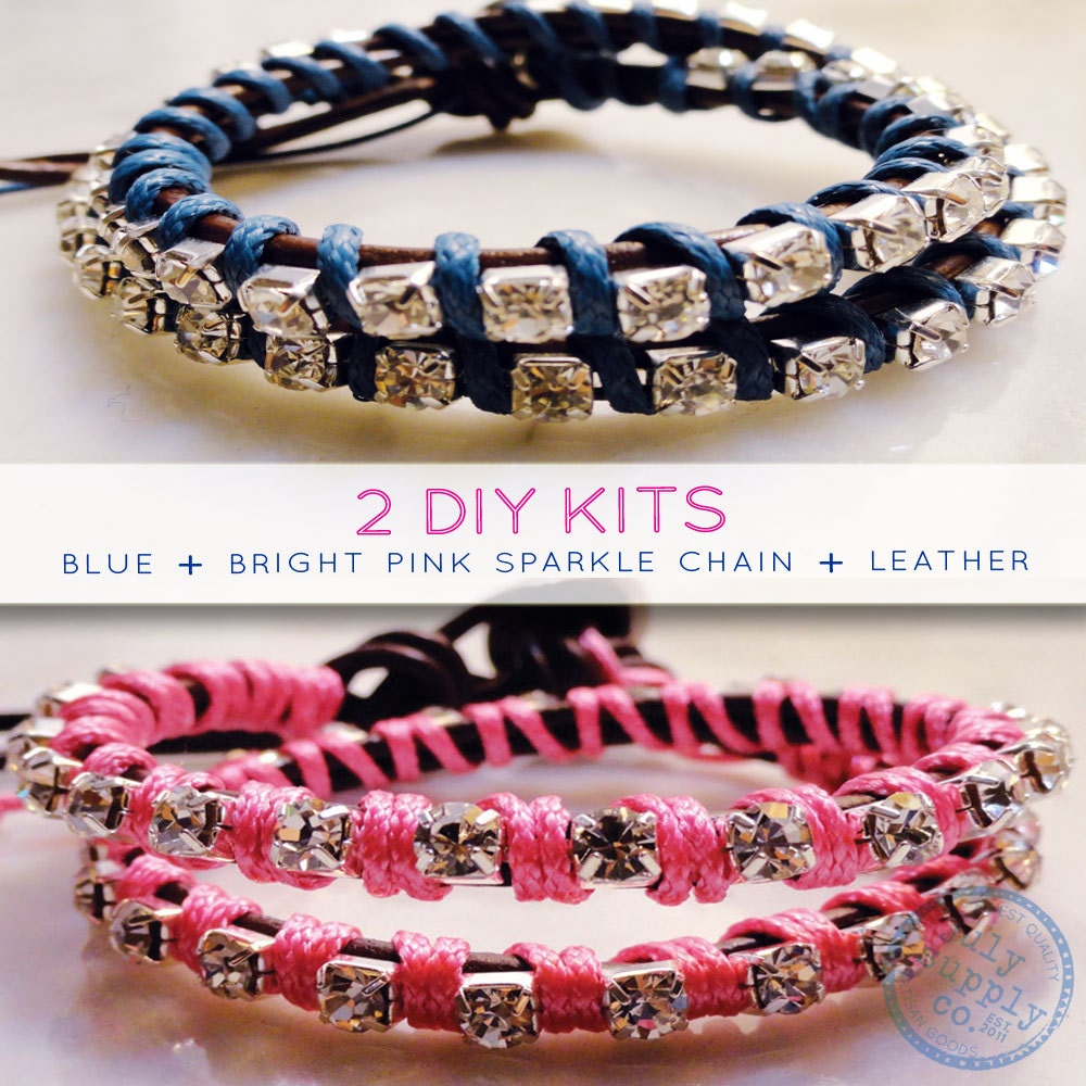 wrap bracelet DIY kits - 2 leather wrap bracelets, rhinestone friendship bracelets, pink and dark blue
