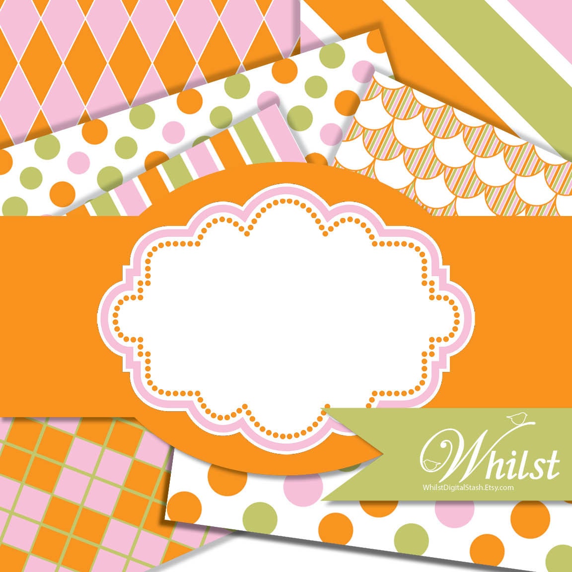 Pink orange green digital paper and frame clip art diy garden party : p0220 3s061237 IP Il_570xn