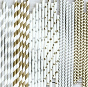 Paper Straws set of 30 GOLD & SILVER,Chevron, Stripes, Stars, New Years Eve Party, Wedding, Boy Girl Birthday Party, Baby Shower Il_570xn