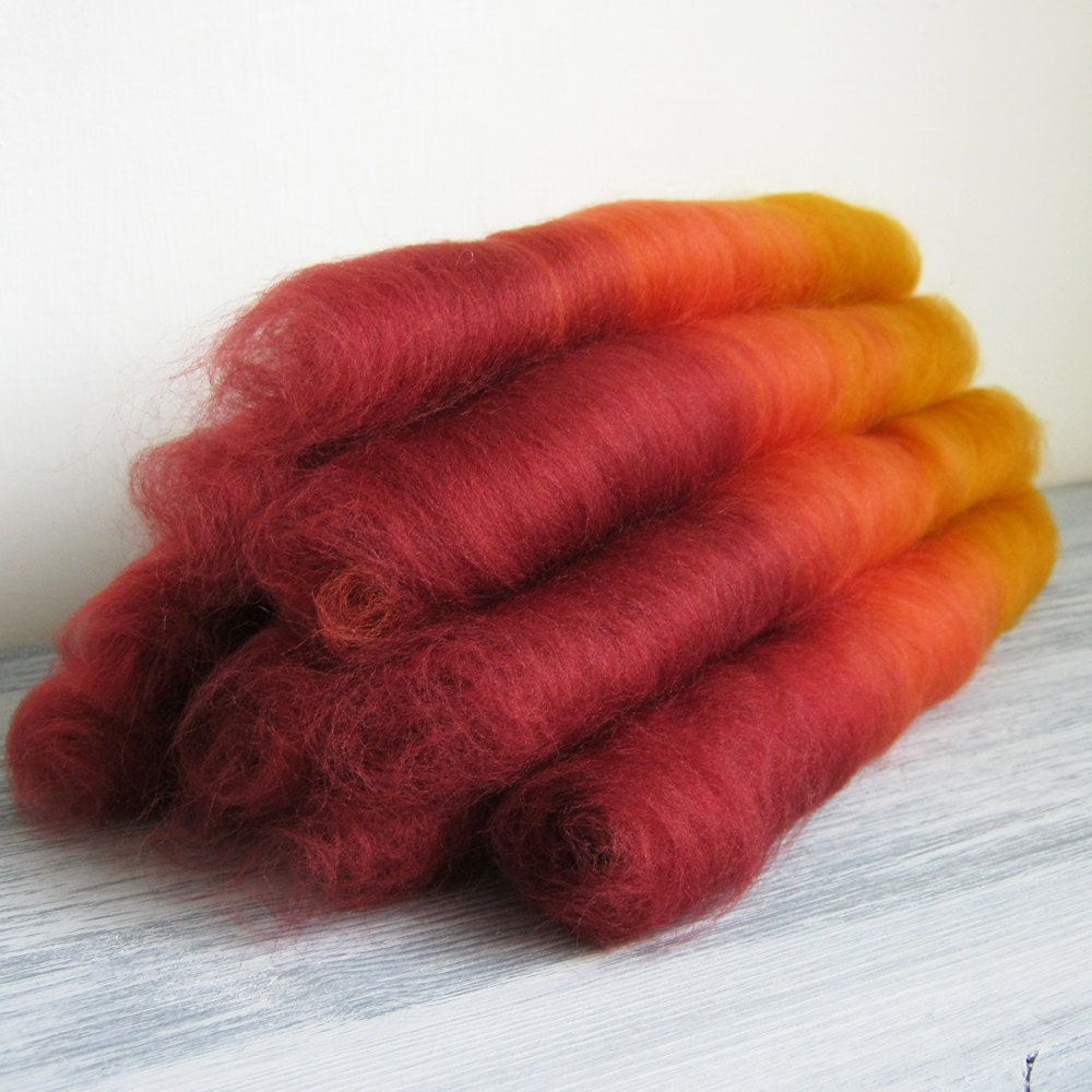 Hand carded rolags - Ombre spinning fiber - set of 10 in wine red, orange and yellow - Spice market - Justadaydream