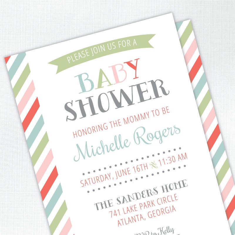 Whimsical Stripes Baby Shower Invitation - PRINTED - Printable file also available Il_570xn