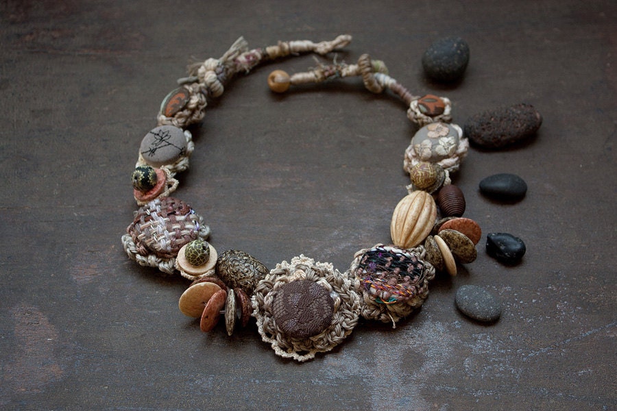 Handmade statement necklace, fiber jewelry, brown beige, OOAK