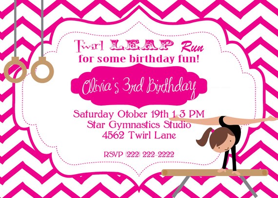 Printable 5X7 Gymnastics Birthday Invitation brown hair & light skin gymnast...by Party Like Paula Il_570xn