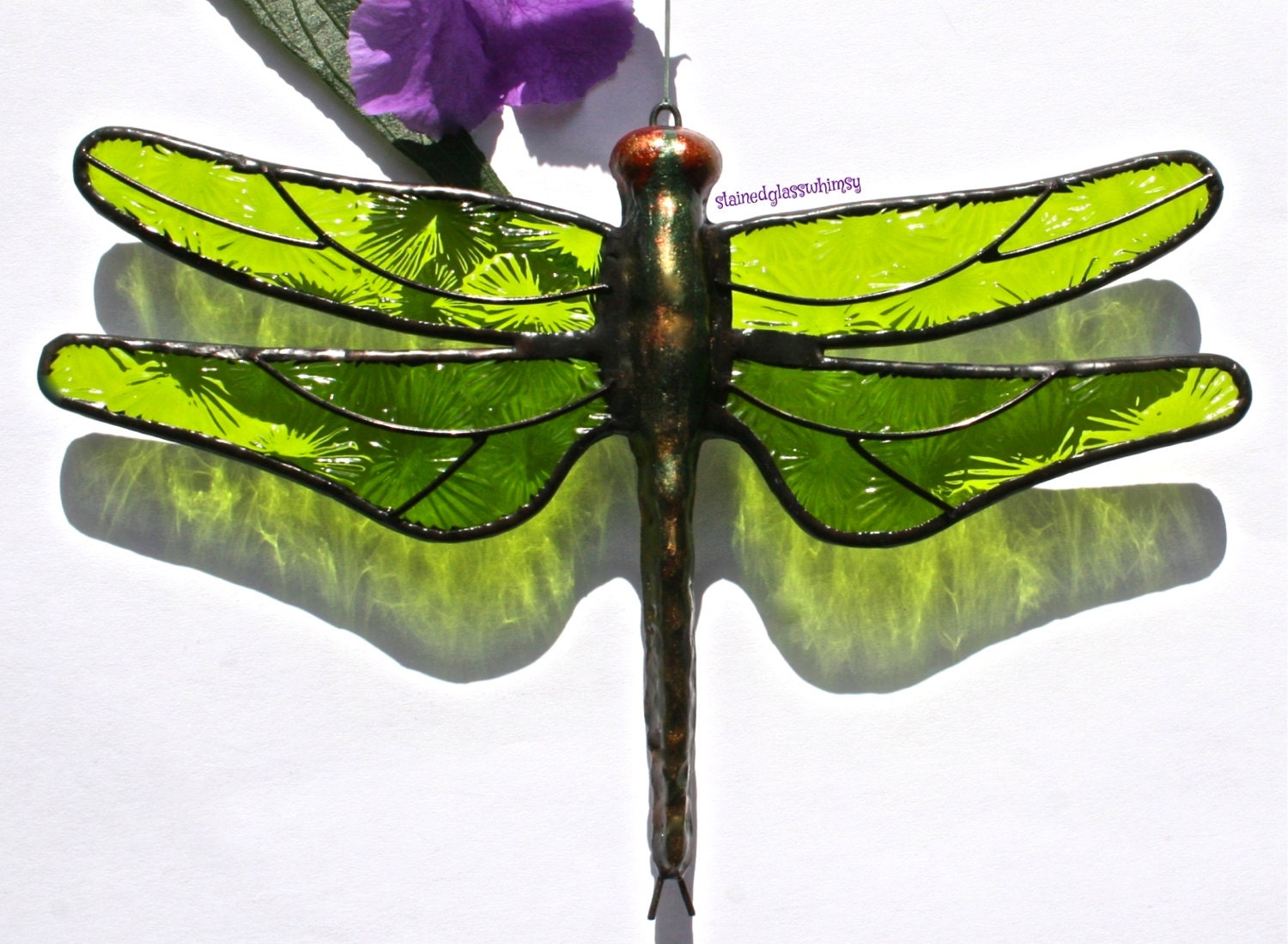 Stained Glass DRAGONFLY Suncatcher,  Spring / Lime Green Wings, Textured, Handcast Metal Body, USA Handmade - stainedglasswhimsy