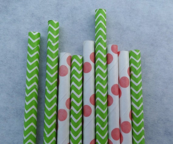 Chevron Paper Straws, Green & Coral Dots, 50 Pack, Green and Salmon Paper Straws Il_570xn