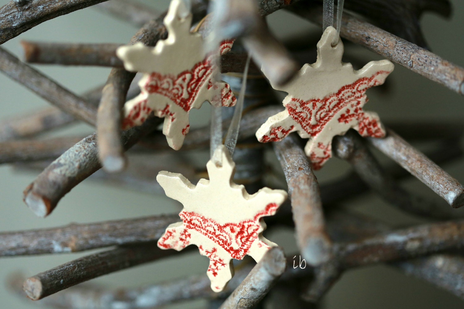 Snowflake Pottery Lace Decoration White Red Ceramic Ornament Set of 3 Wedding Gift - Ceraminic