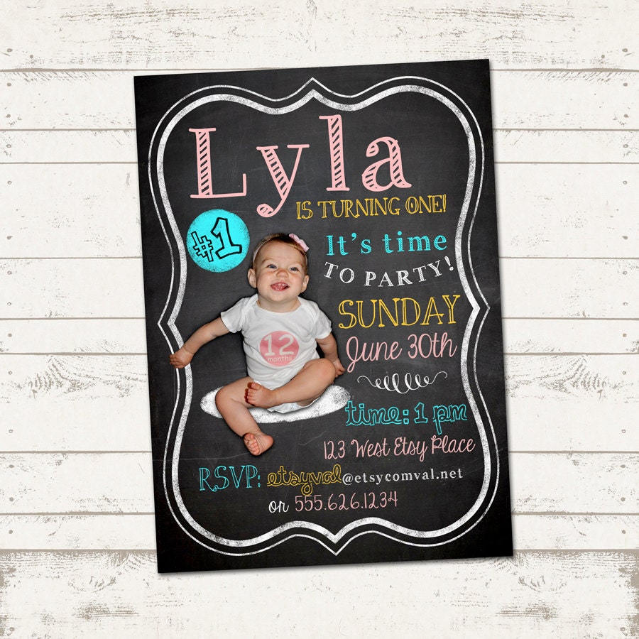 First Birthday Invitations - Childrens Milestone Birthday - Blackboard, Chalkboard, PHOTO - Custom, Digital, Printable Designs Il_570xn