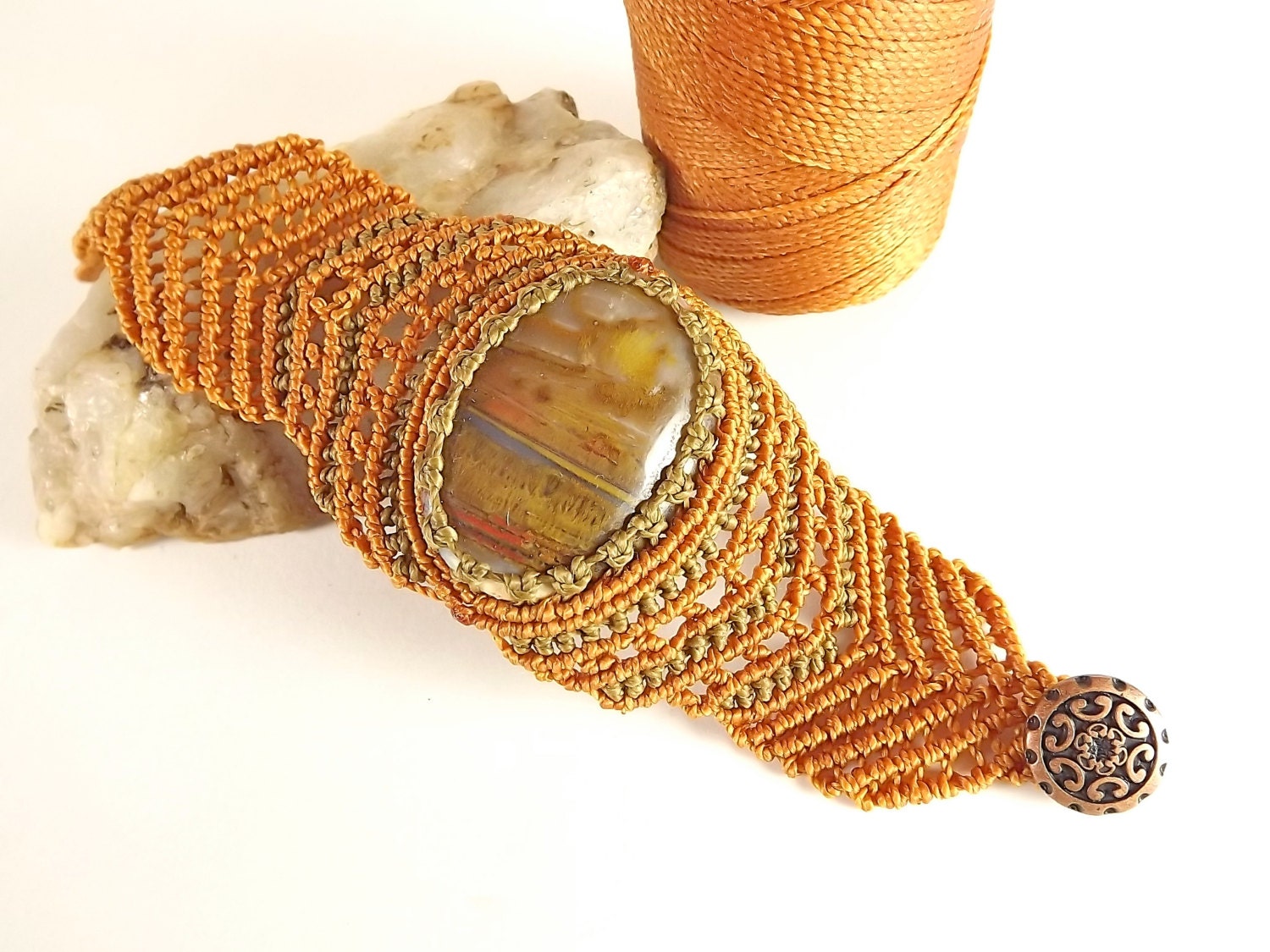 Macrame bracelet, Agate Gemstone bracelet, Copper and Olive - neferknots