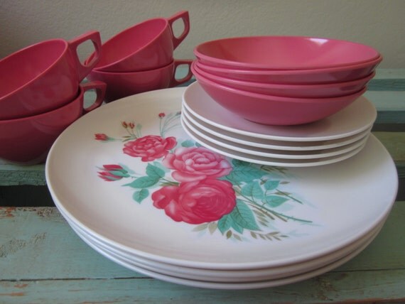 1950s Melmac Dishes Eden Rose Pink and White by AtomicHostess