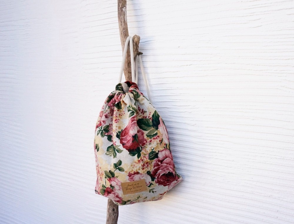 Natural linen backpack, rucksack, everyday bag with floral pattern, gift under 50, "shabby roses" - ThingsYouWear