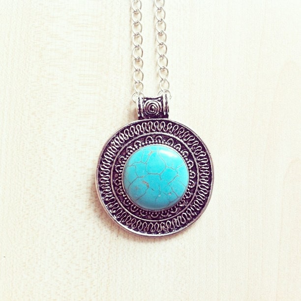 turquoise aztec necklace - turquoise stone, tribal, mayan, boho, festival, hippy, grunge, antique silver
