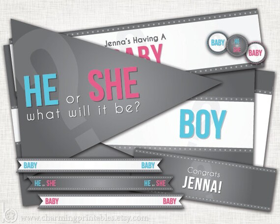 Gender Reveal Personalized Package - DIY PRINTABLE Set - Gender Reveal Party Shower - Blue Pink Gray - Gender Reveal Collection Il_570xn
