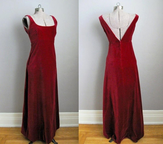 1960s Vintage Red Velvet Dress Evening Gown Deep V Back Size Small