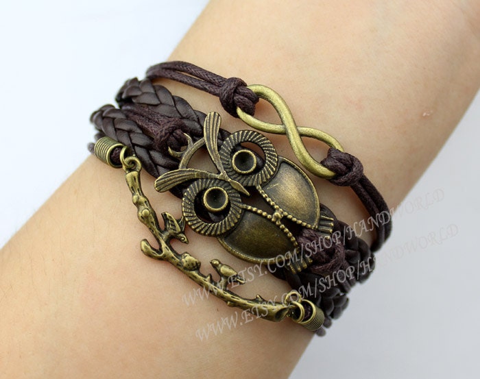 Antique bronze owl bracelet lover birds bracelet infinity karma bracelet friendship charm bracelet best choose gift -N1620