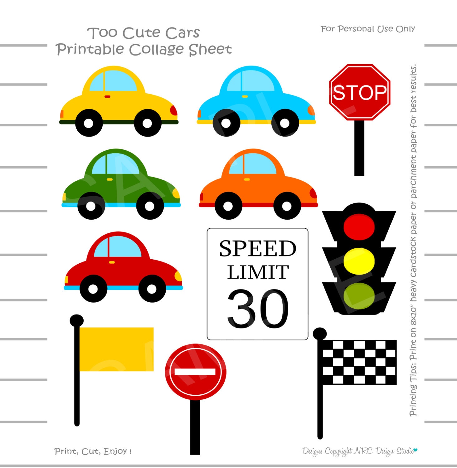 WINTER SALE - Toot Cute Cars Printable Collage Sheet - Great for Cupcake Toppers, Scrapbooks, Teachers and Banners - Instant Download Il_570xn