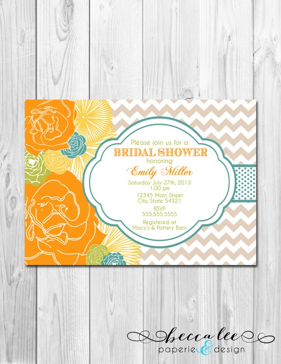 Bridal Shower, Birthday Party, Bachelorette Party, Engagement Party Invitation - Big Orange, Green, Blue and Yellow Blooms - DIY - Printable Il_570xn