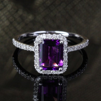 6x8mm Emerald Cut Amethyst 14k White Gold Pave .29ct Diamonds Halo Engagement Ring - ThisIsLOGR
