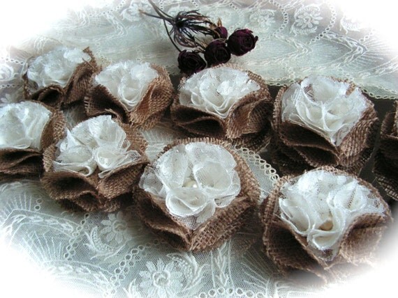 Rustic Shabby Chic Burlap and Lace  Flowers-  Rosettes , ivory color, Wedding Decor Set of 10