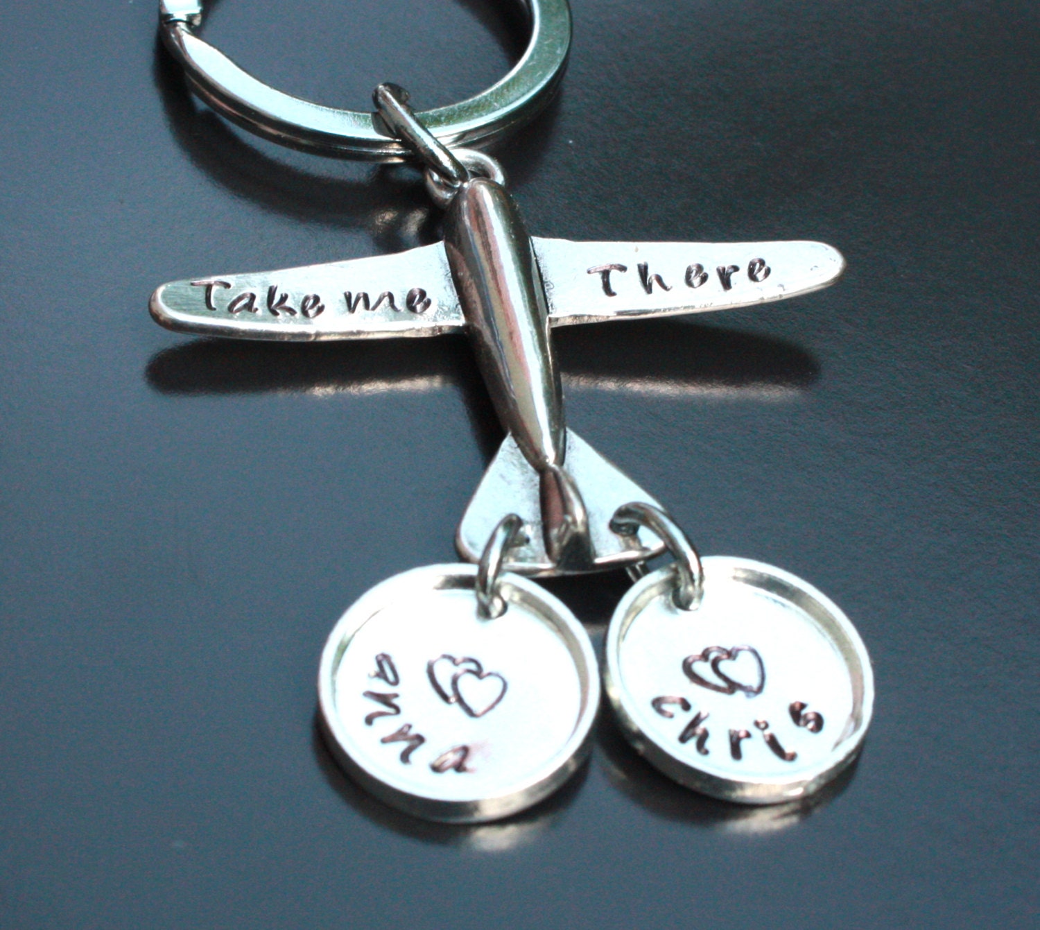 Airplane key chain with two balloons, upgrade to necklace, aviation gift, hand stamped, personalized with special name,date, place