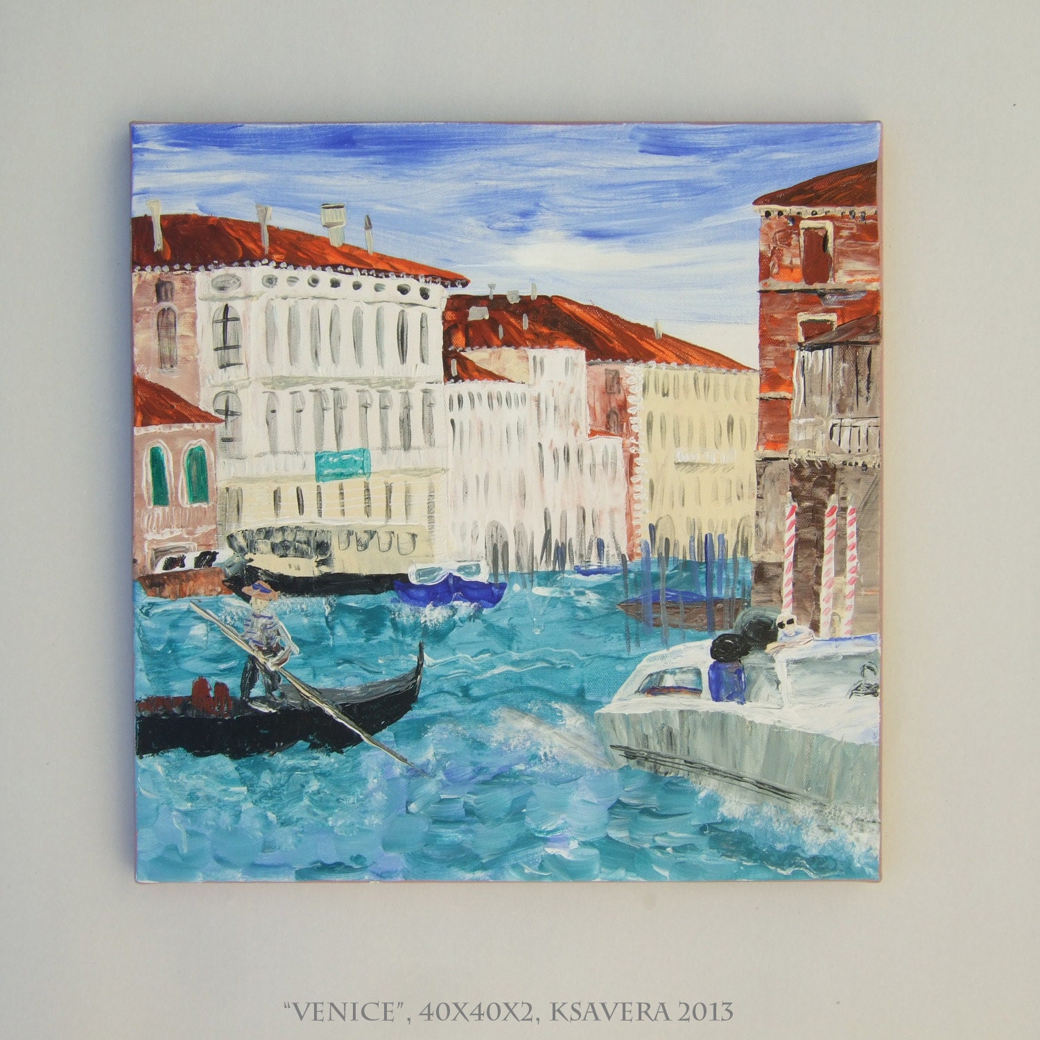Venice Italy Original Palette Knife Art Italian Landscape Modern Acrylic Painting 16x16 Landscape Venezia grand canal blue beige palazzo - KsaveraART