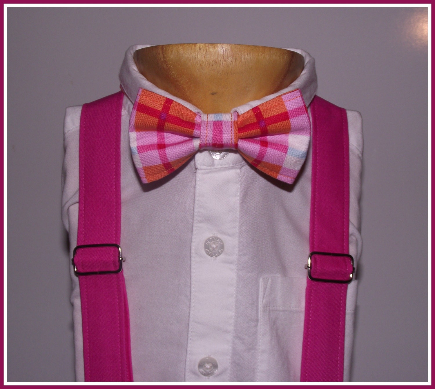 Boys Bow Tie and Suspenders: Plaid Bow Tie, Pink Suspenders, Hot Pink, Orange, Toddler Suspenders, Ring Bearer