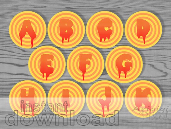 Halloween alphabet number circle 2,5 in, orange dripping alpha, printable PDF files, cupcake letters, party printables, instant download Il_570xn